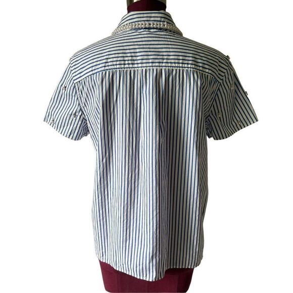 Talbots EMBELLISHED SHORT SHIRT Blouse size S White Blue DAFFODIL STRIPE Button - Picture 3 of 9
